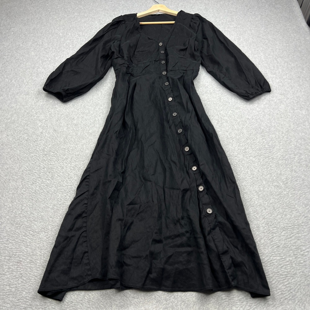 J.Crew Midi Dress Womens 16 Black Woven Stretch Viscose-Blend Button-Front BK985